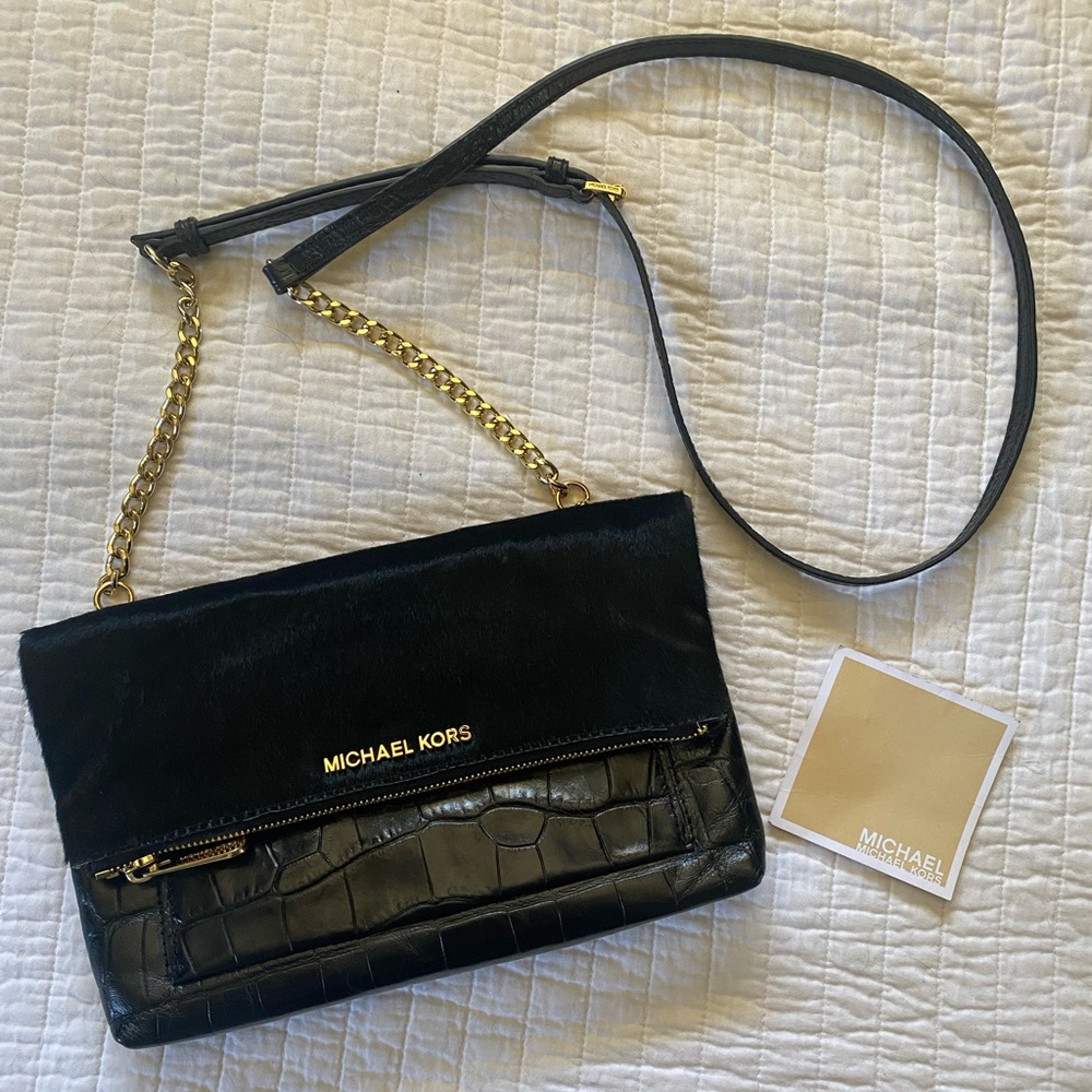 Michael Kors Black Haircalf Leather Crossbody Clutch
